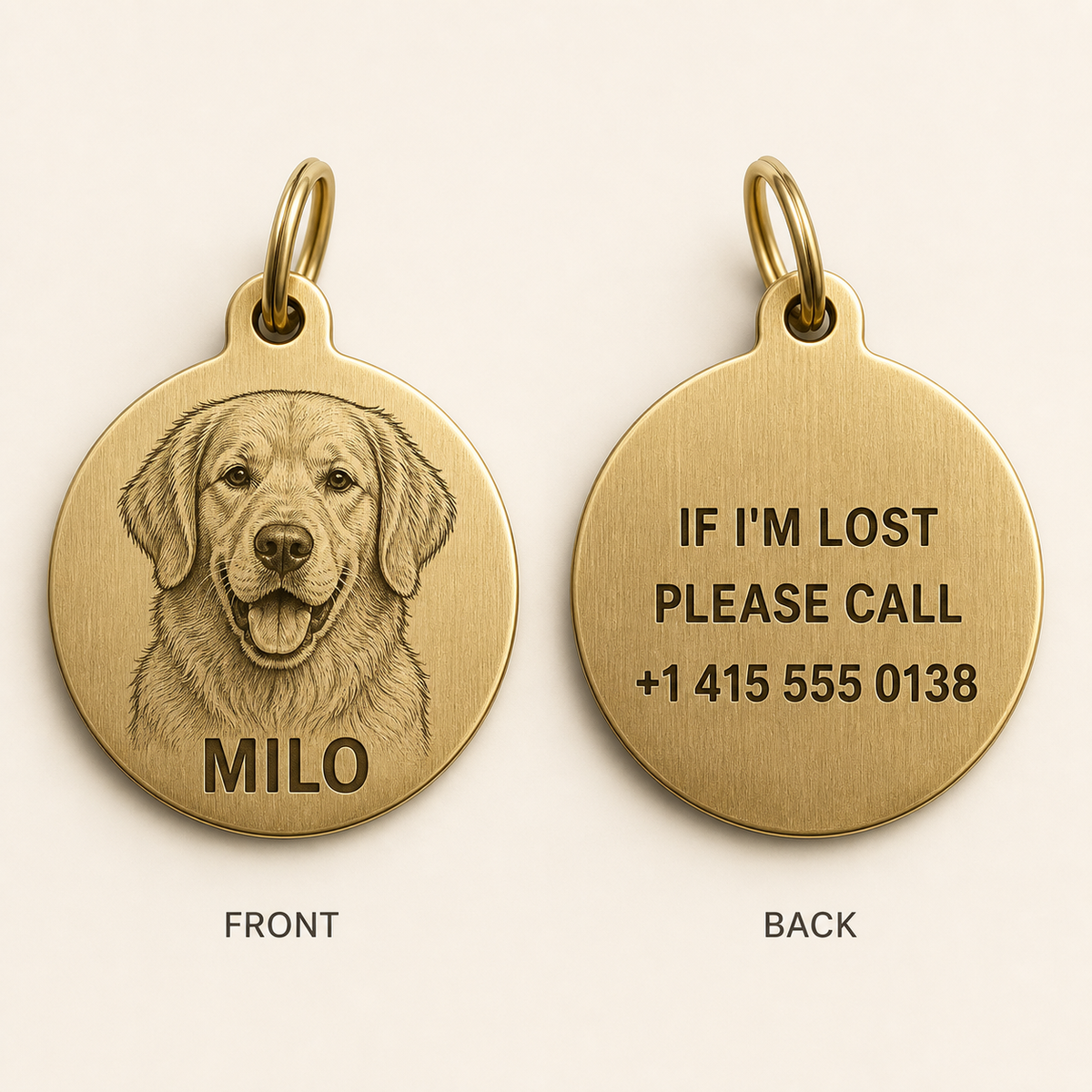 Personalized brass pet tag with a portrait front and engraved contact details on the back